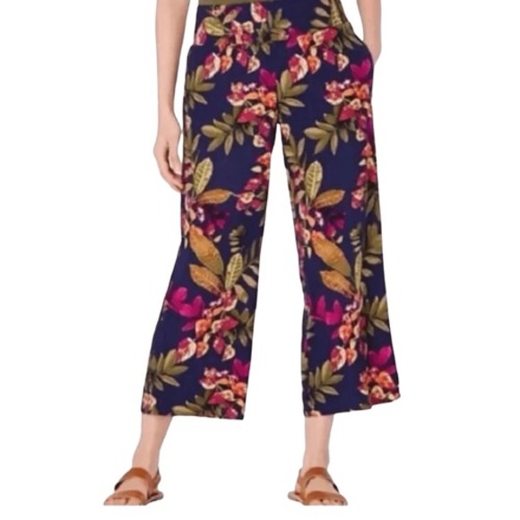 J. Jill Pants - J2 J. Jill Womens Navy Blue Tropical Floral Smocked Wide Leg Crop Pants Size S